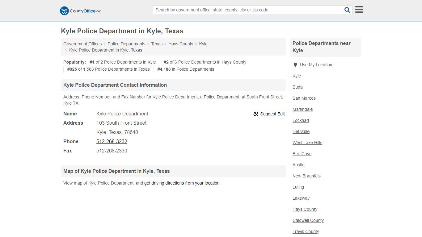 Kyle Police Department - Kyle, TX (Address, Phone, and Fax) - County Office